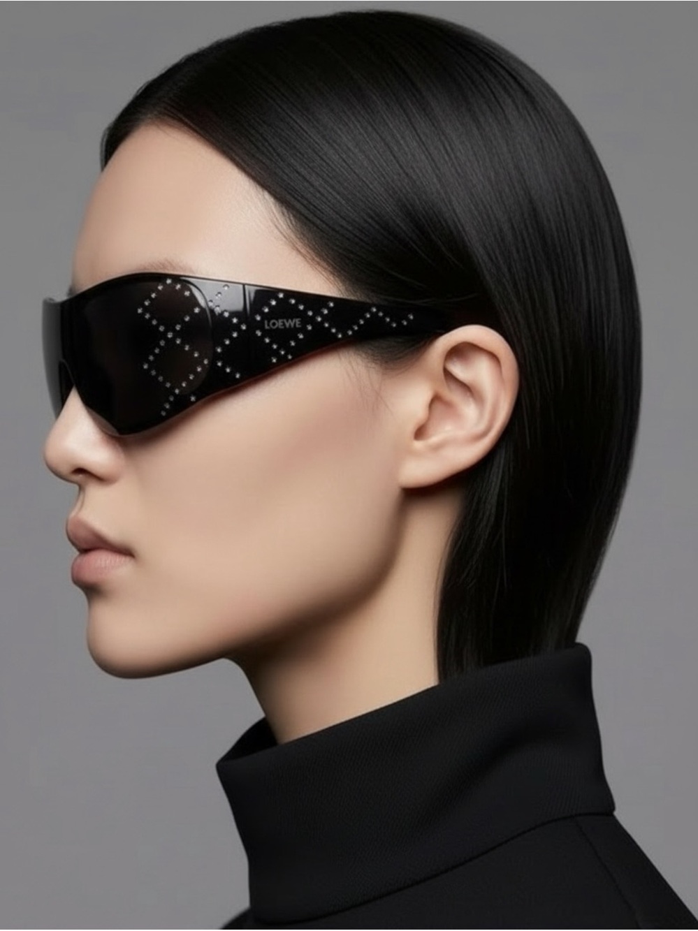 LOEWE SLW583S Z42X Crystal Anagram Shield Sunglasses Black Vtg Y2K Deadstock Set